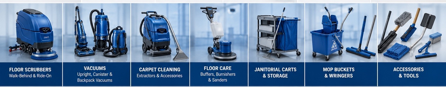 Commercial floor scrubbers, vacuums, carpet extractors, floor machines, janitorial carts, mop buckets, and cleaning tools